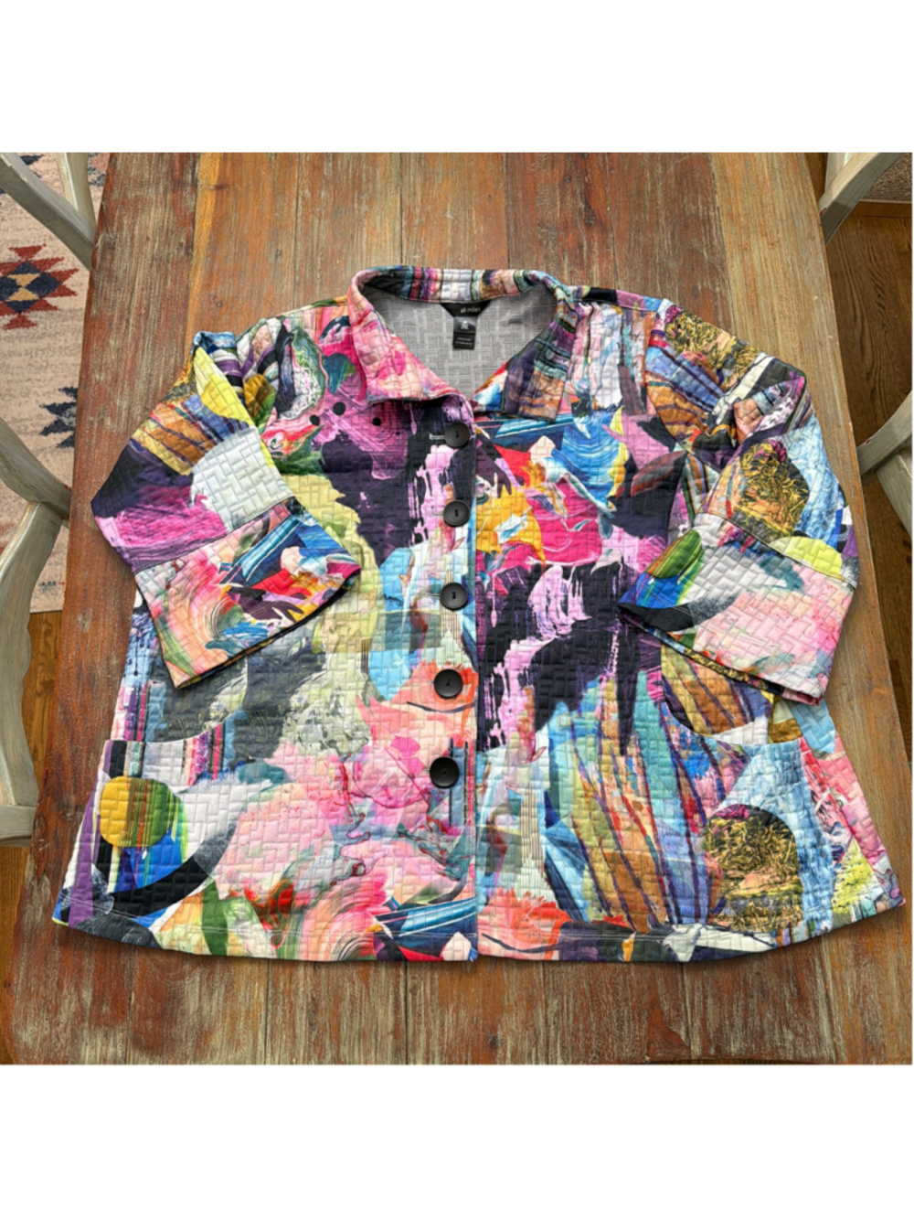Ali Miles 2X Quilted Abstract Print Jacket Button Front Flare Sleeve Multicolor